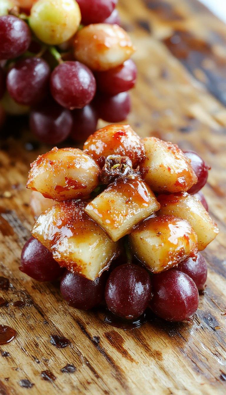 A close-up of skewered green grapes dipped in glossy caramel, coated with crushed nuts, arranged on a decorative platter with caramel drizzle visible.