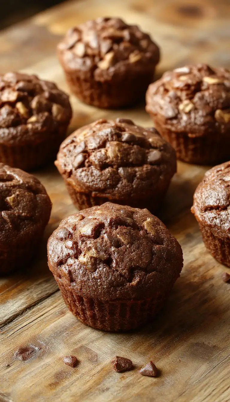 A close-up of two freshly baked chocolate pumpkin muffins with a moist appearance, topped with a sprinkle of chocolate chips and a dusting of powdered sugar. The muffins sit on a rustic wooden surface with a few scattered chocolate chips around them, highlighting their rich, chocolatey, and pumpkin-stuffed interior.