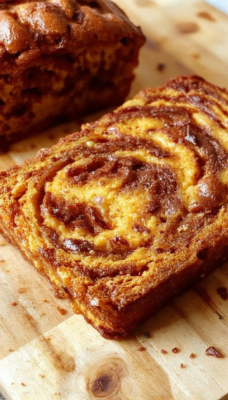A slice of cinnamon swirl pumpkin bread resting on a rustic wooden surface, showcasing its golden-brown crust and vibrant orange pumpkin swirl pattern inside, topped with a dusting of cinnamon and sugar.