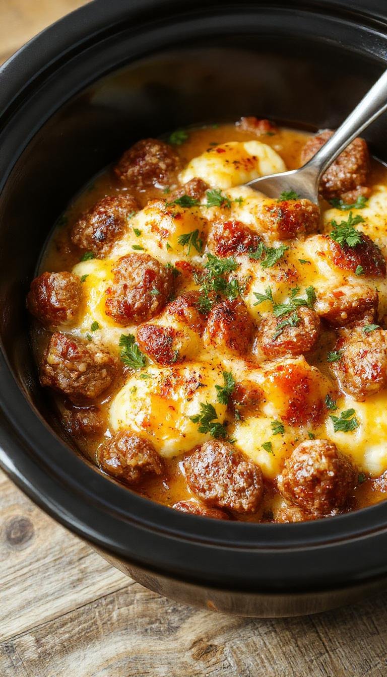 A colorful breakfast casserole served in a white baking dish, featuring golden-brown sausage crumbles, fluffy scrambled eggs, melted cheese, and chopped green herbs, arranged neatly with a portion scooped out to reveal the layered textures.