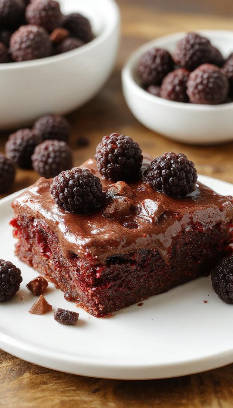 A sliced Blackberry Chocolate Cake on a white plate, showcasing rich dark chocolate layers layered with glossy blackberries and a dusting of cocoa powder. The cake's moist texture and vibrant berry filling are visible, with fresh blackberries and mint leaves garnishing the top for a colorful, appealing presentation.