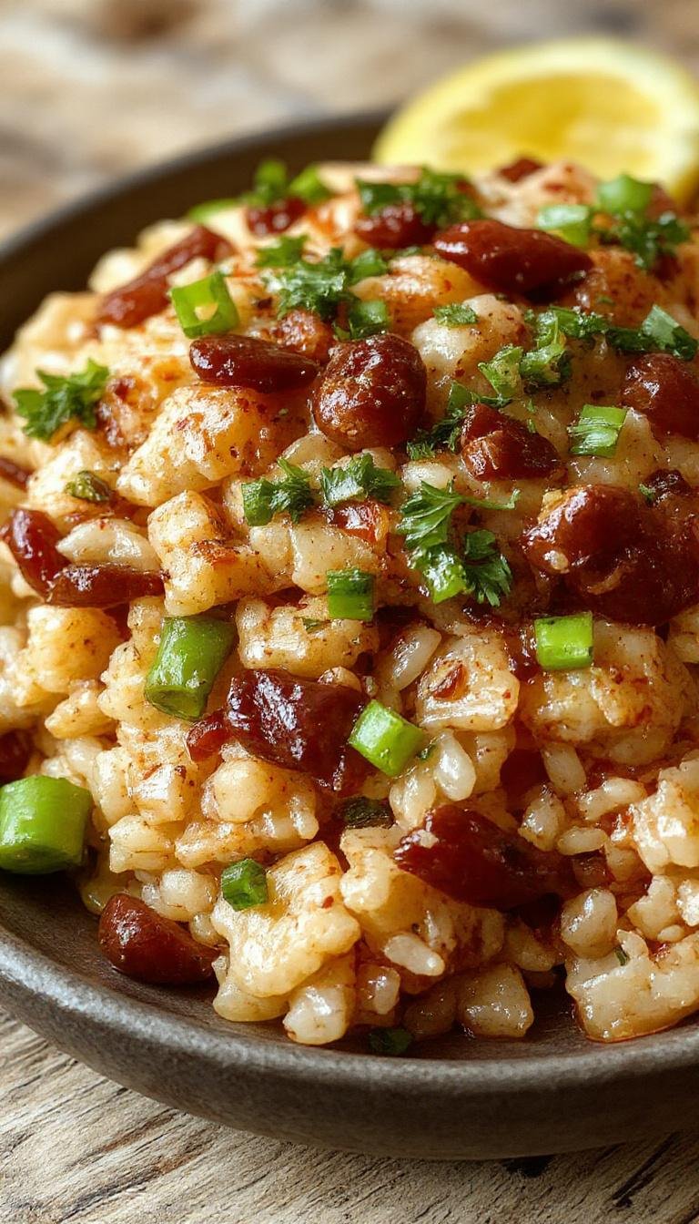 A vibrant plate of golden-brown fried rice garnished with chopped green onions and scrambled eggs, served on a white ceramic plate. The rice is fluffy with visible grains, bits of vegetables and small pieces of meat scattered throughout, accented by a sprinkle of sesame seeds and fresh herbs.