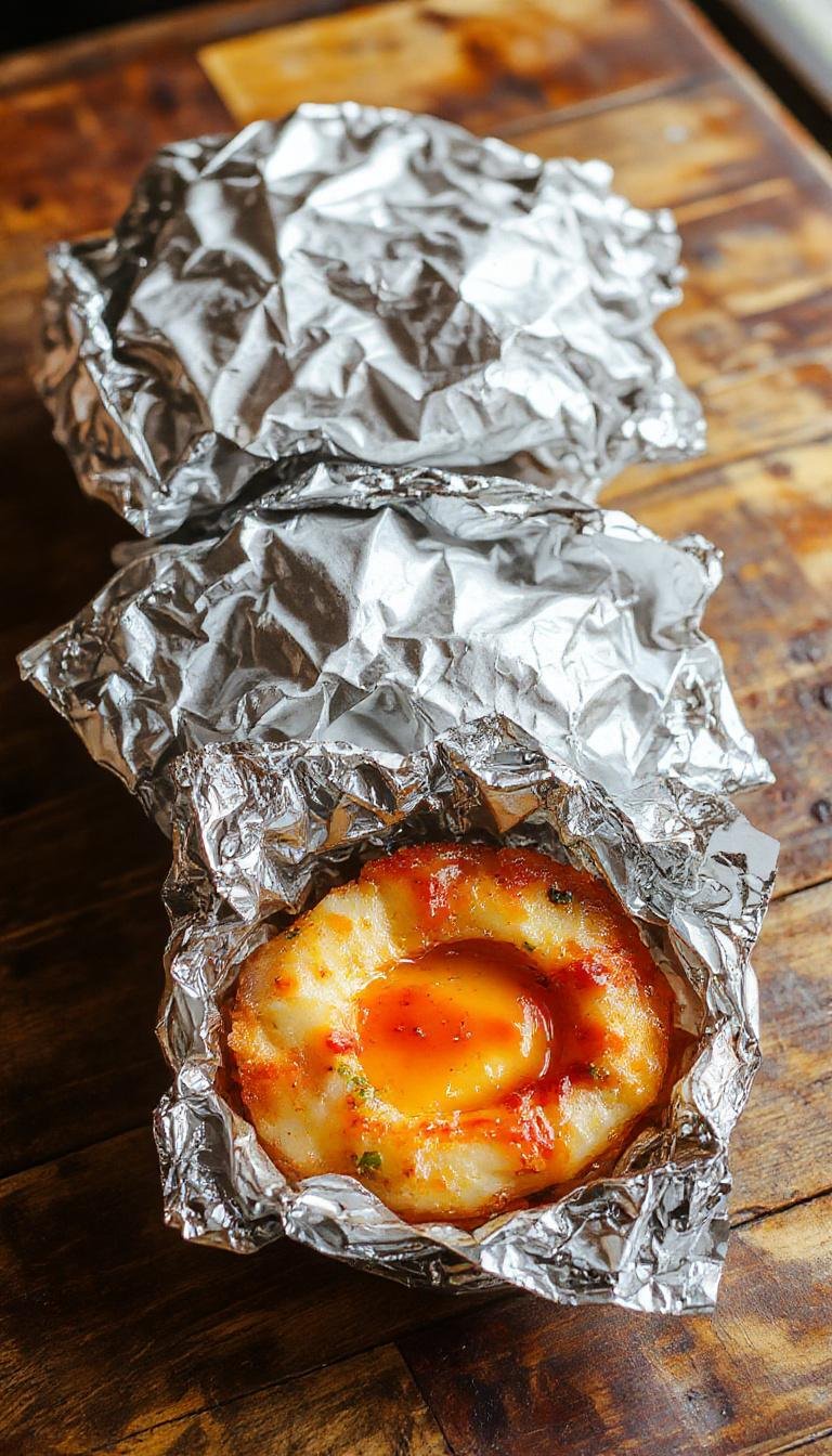 A close-up of foil packets nestled on a grill, filled with colorful vegetables and tender chunks of meat, steam rising slightly, with a charred exterior and vibrant interior visible through torn edges of foil.