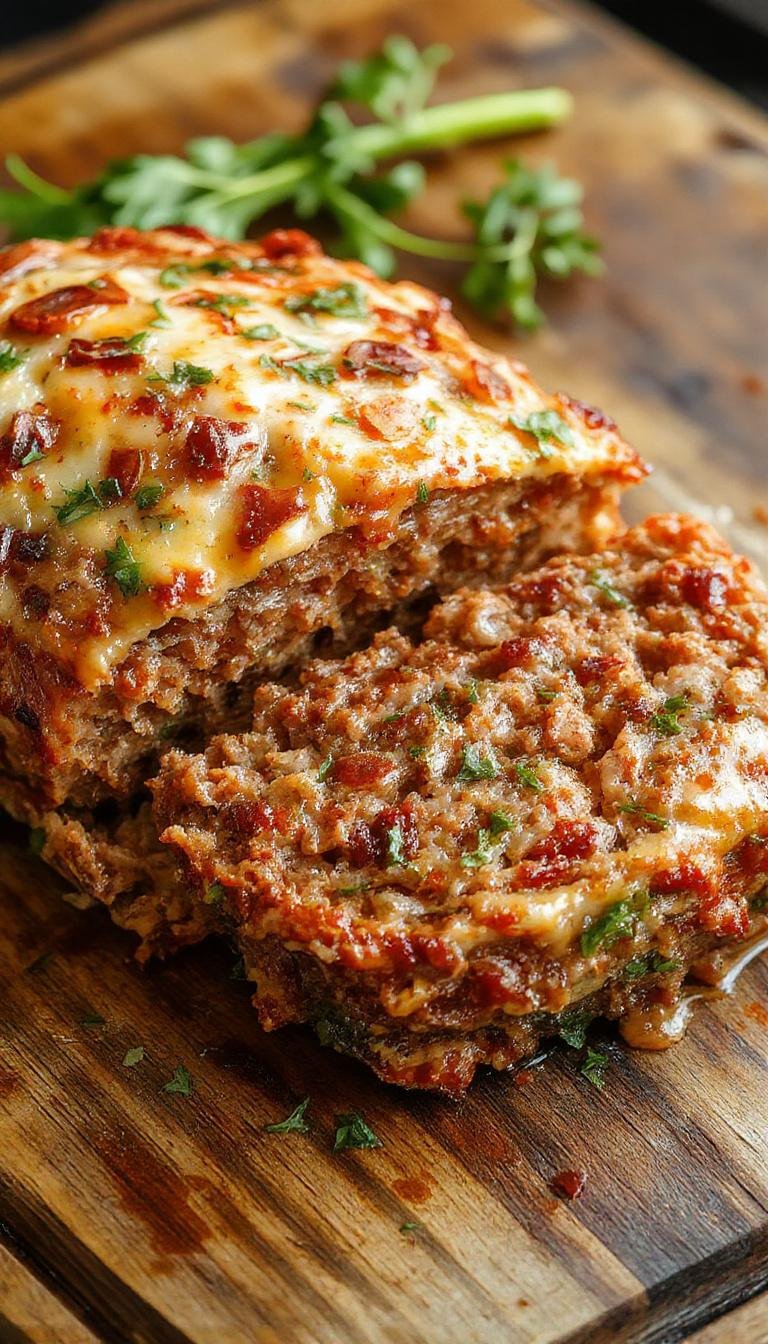 A rustic oval-shaped meatloaf glazed with a shiny tomato-based sauce, sliced to reveal a moist, well-seasoned interior with visible chunks of onion and herbs. It is served on a white ceramic plate with a side of fresh green beans and mashed potatoes, garnished with a sprig of parsley. The background features a cozy kitchen setting with natural light highlighting the texture and rich color of the meatloaf.