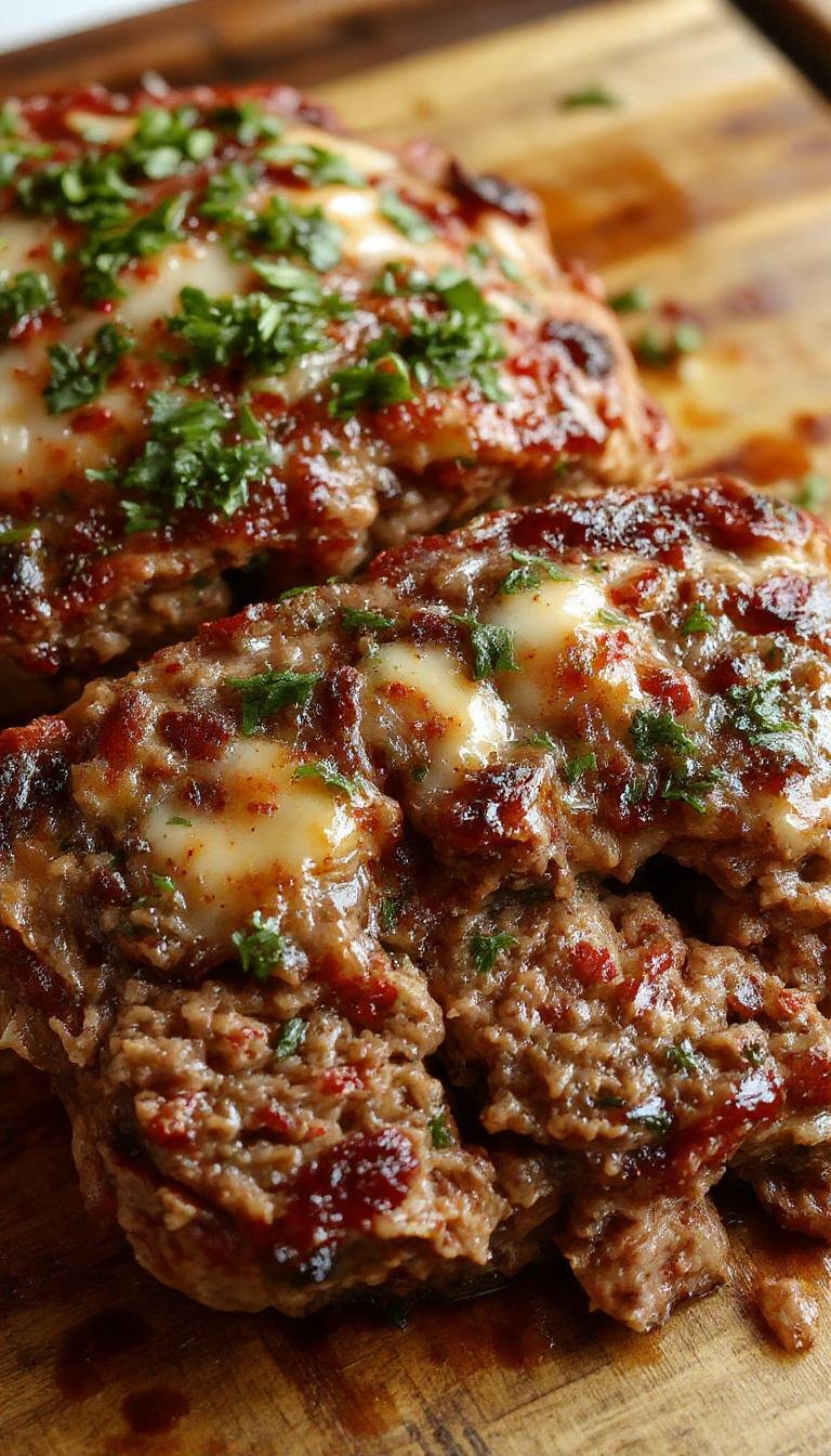 A hearty slice of Pepperjack meatloaf on a rustic white plate garnished with fresh parsley. The meatloaf has a golden-brown crust with visible melted pepperjack cheese and spicy jalapeΓ±o bits peeking through. The dish is accompanied by a side of mashed potatoes and steamed vegetables, with a clean wooden table and natural lighting enhancing the inviting presentation.