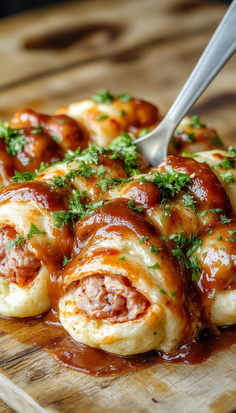 Golden-brown pigs in a blanket arranged neatly on a white platter, with glossy crispy pastry wrapping around small sausage links, garnished with fresh herbs, and served alongside dipping sauces.