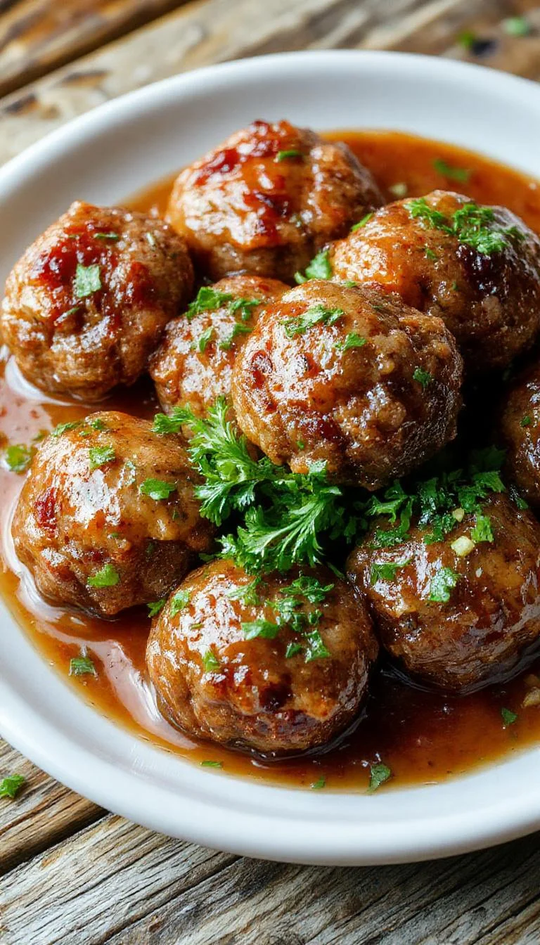 A close-up of golden-brown porcupine meatballs nestled in a rich tomato sauce, garnished with fresh herbs on a white ceramic plate with a rustic wood background, steam rising and vibrant colors highlighting the savory textures.