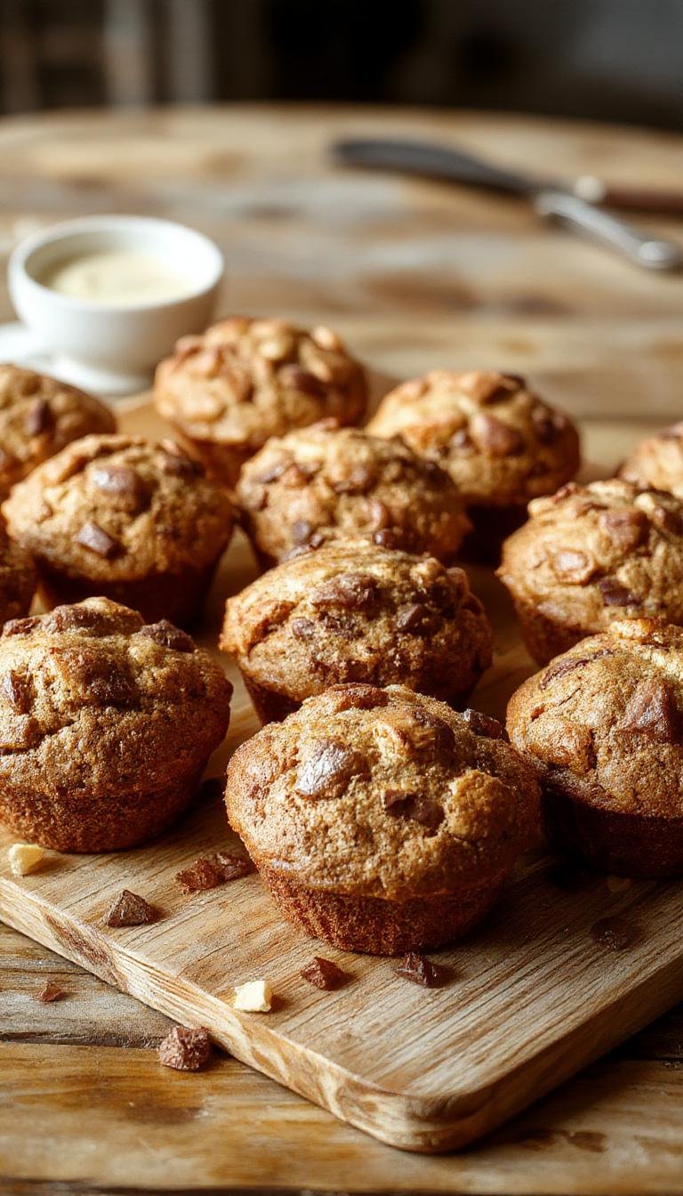 Golden-brown vegan banana muffins with slightly domed tops, arranged in a rustic basket with a paper liner. The muffins have a moist, fluffy texture visible from the crackled surface, with hints of banana and a slight sheen indicating freshness. The background features a light-colored wooden surface with a few sliced bananas and a sprig of mint for garnish.