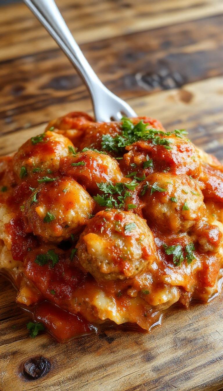 A close-up of a golden-brown meatball casserole served in a rustic baking dish, topped with melted cheese and garnished with fresh herbs, with steaming baked edges and a generous scoop showing tender meatballs immersed in rich sauce.