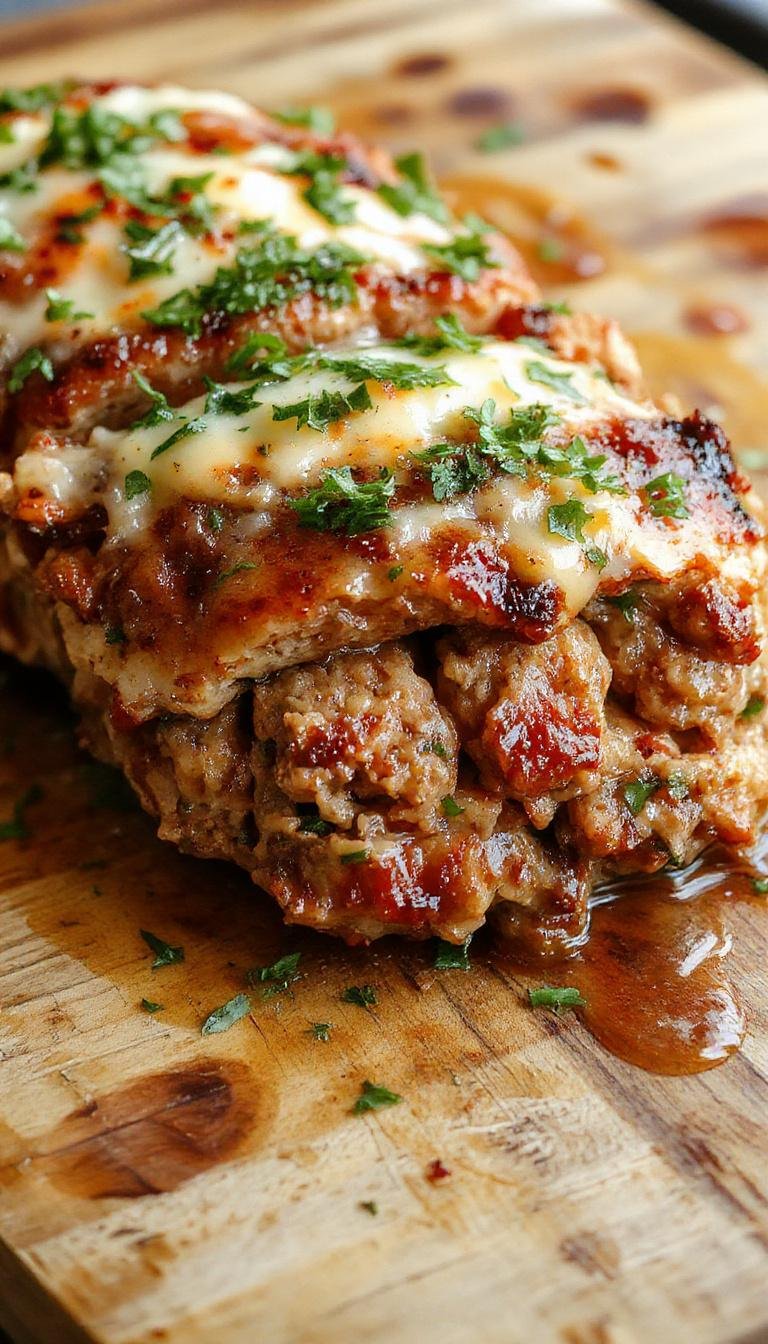 A hearty slice of Garlic Parmesan Chicken Meatloaf served on a white plate, topped with a sprinkle of fresh parsley. The meatloaf displays a golden-brown crust with visible bits of garlic and melted Parmesan cheese, revealing a tender, moist interior. The dish is garnished with a side of fresh green herbs and a drizzle of savory sauce, creating an inviting and rustic presentation.