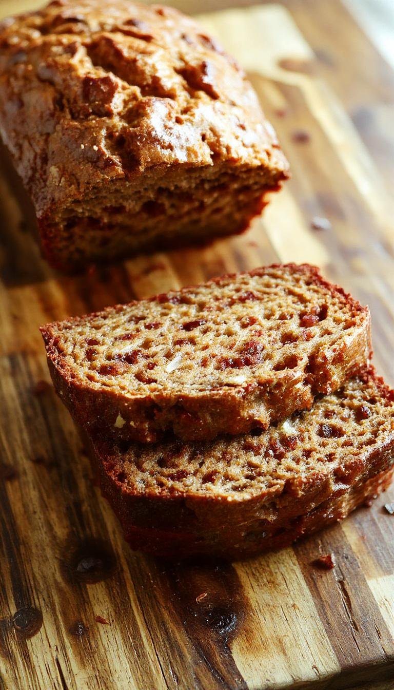 A freshly baked loaf of gluten-free banana bread resting on a rustic wooden surface, sliced to reveal a moist, dense crumb with visible banana chunks. The bread has a golden-brown crust with a slightly cracked top, garnished with a few banana slices and a sprig of mint for presentation.
