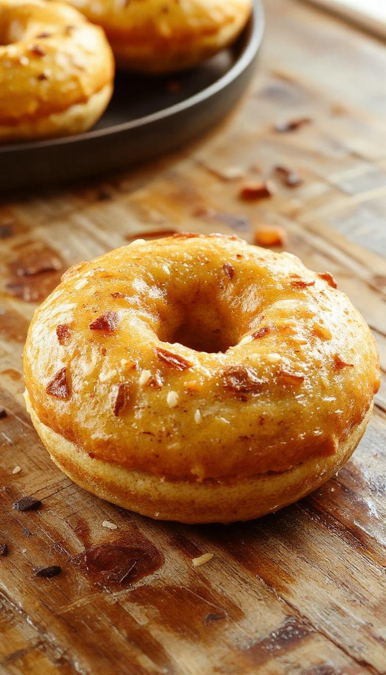 Golden-brown pumpkin bagels with a slightly glossy crust, topped with a light dusting of flour, arranged on a rustic wooden board with a few slices revealing the soft, speckled interior speckled with pumpkin puree and seeds, surrounded by cinnamon sticks and a small bowl of cream cheese.