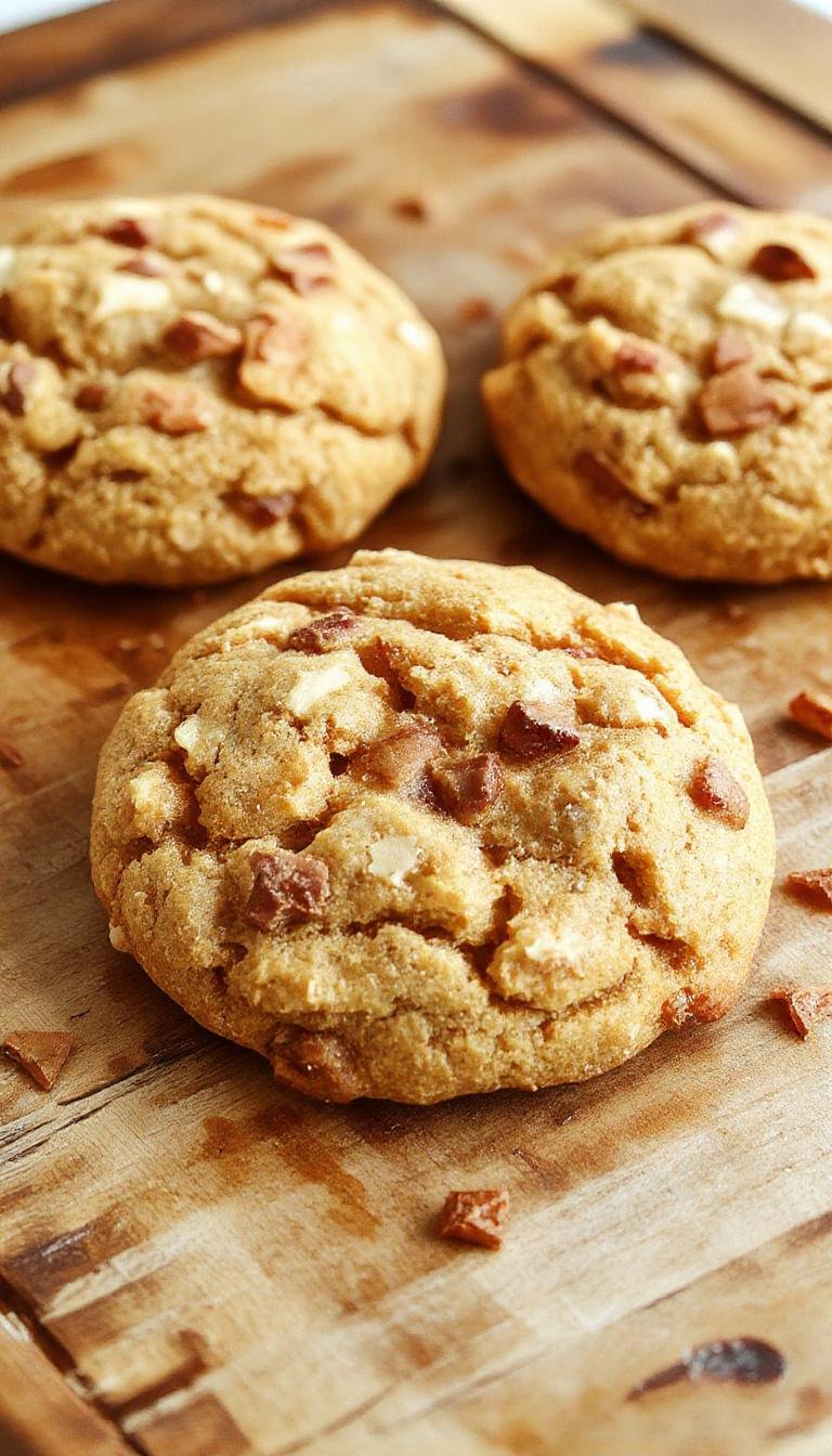 A close-up of three golden-brown maple pumpkin cookies placed on a rustic wooden plate, topped with a drizzle of glossy maple syrup and a sprinkle of cinnamon. The cookies have a slightly cracked surface revealing a moist, spiced interior, with a hint of pumpkin orange peeking through.