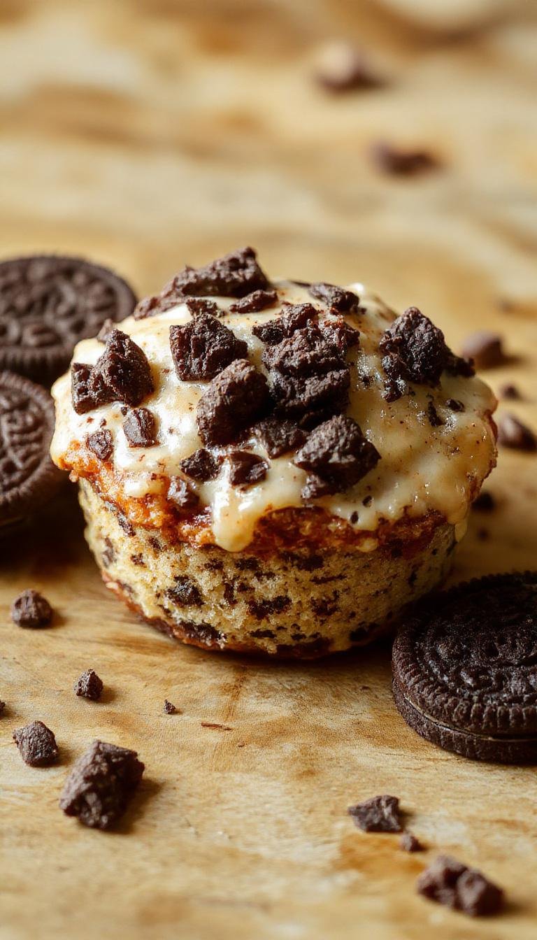 A close-up of a layered Oreo dump cake in a clear glass dish, showcasing crushed chocolate cookies topped with a creamy white layer, garnished with whole Oreos and chocolate shavings, with a rustic wooden background.