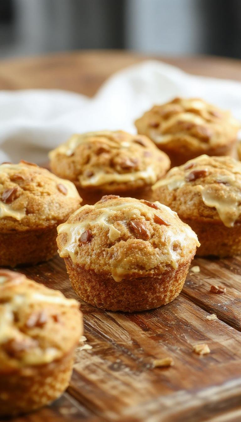 A batch of golden-brown pumpkin banana muffins arranged on a rustic wooden platter, with a few muffins broken open to reveal moist, fluffy interiors speckled with bits of banana and pumpkin puree, garnished with a sprinkle of cinnamon on top.
