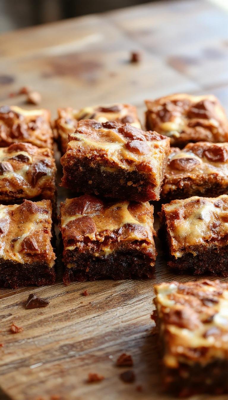A close-up of a rectangular tray of rich, fudgy pumpkin brownies topped with a light dusting of powdered sugar. The brownies have a deep chocolate color with orange hints from the pumpkin, and they are cut into neat squares, showcasing their moist texture. The background features a rustic wooden surface with scattered pumpkin seeds and cinnamon sticks for a cozy fall vibe.