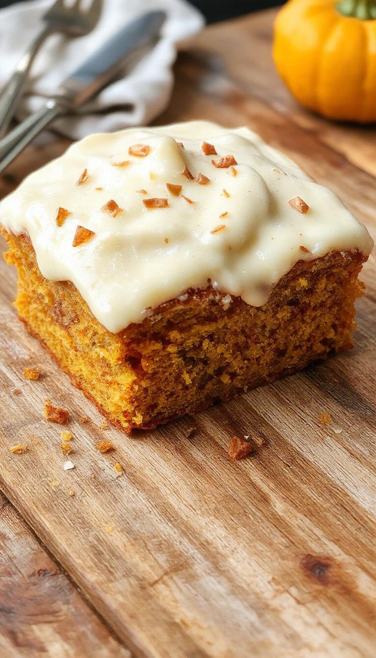 A slice of moist pumpkin cake with a creamy layer of cream cheese frosting, topped with a sprinkle of cinnamon and a small pumpkin ornament, presented on a rustic wooden plate with a warm-toned background.