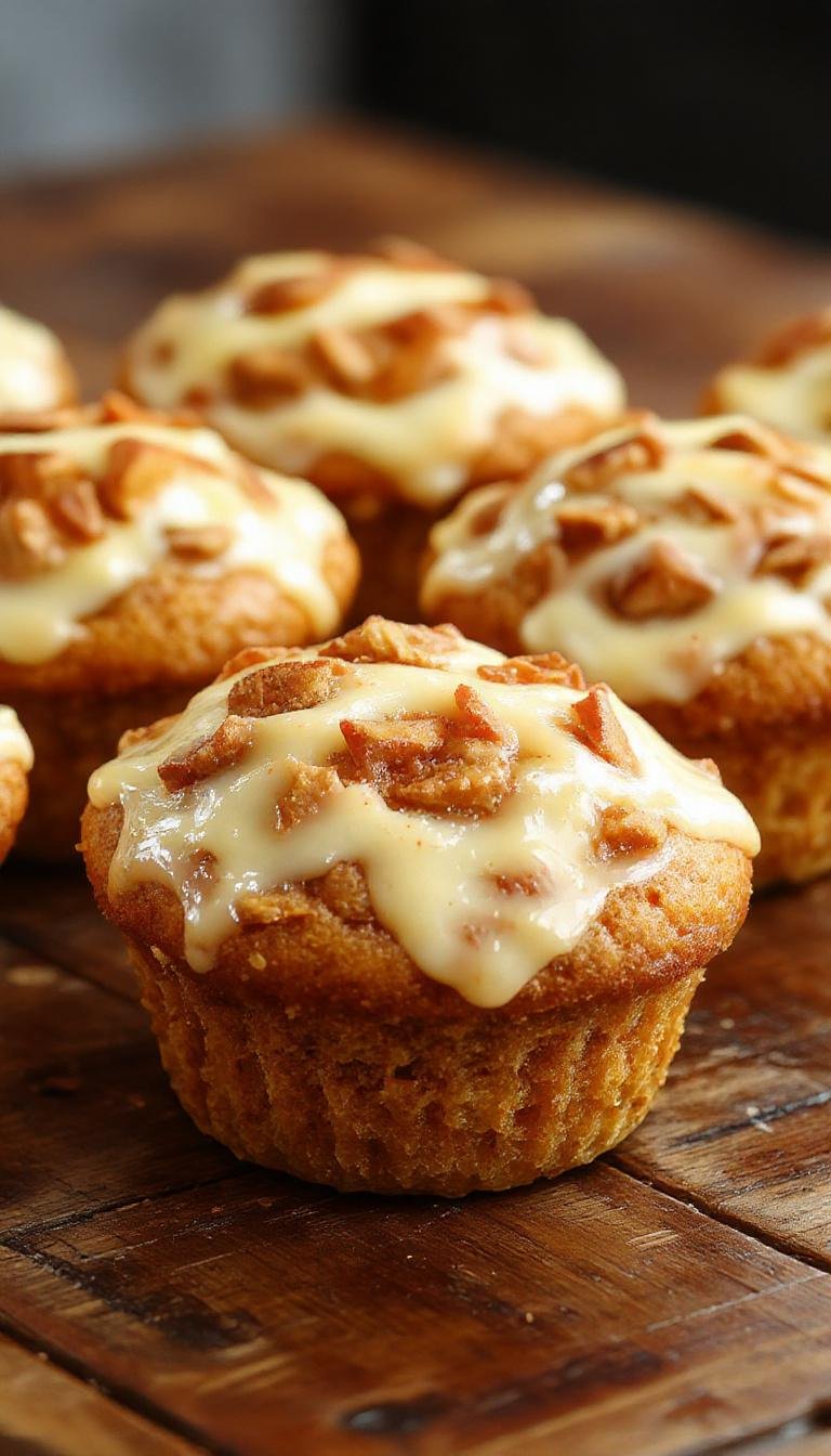A batch of golden-brown pumpkin cheesecake muffins arranged on a rustic wooden platter, with a crumbly topping and a swirl of cream cheese frosting on top. The muffins are in focus, showcasing their fluffy interior and slightly cracked surface, surrounded by scattered pumpkin seeds and cinnamon sticks. Soft natural lighting highlights their warm tones and inviting texture.