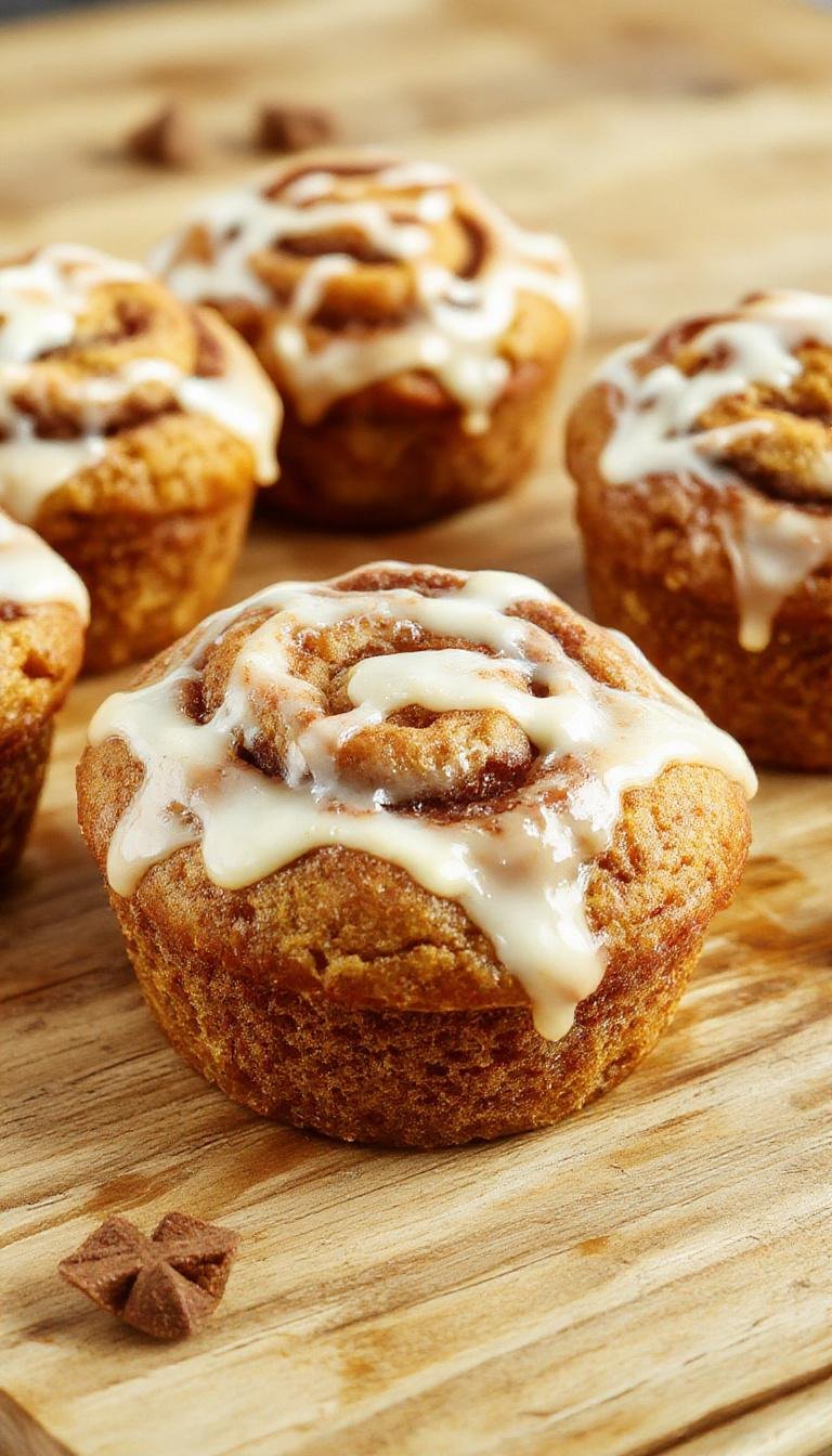 A close-up of golden-brown pumpkin cinnamon roll muffins arranged on a rustic wooden surface, topped with a swirl of icing and a sprinkle of cinnamon, showcasing their moist, fluffy texture and appealing swirl pattern.