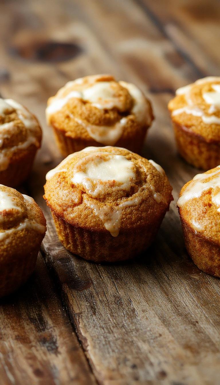 A close-up of two golden-brown pumpkin cream cheese swirl muffins on a white plate, showcasing their swirled cream cheese filling on top. The muffins have a textured crust with visible pumpkin specks and a moist, tender crumb inside, with a slight rise indicating fluffiness. The background is softly blurred, emphasizing the muffins as the focal point.