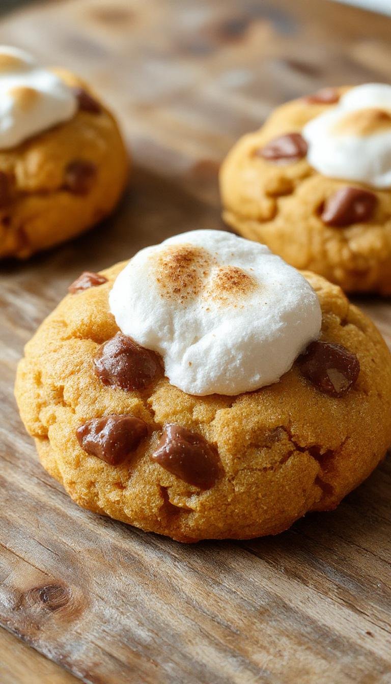 A close-up of golden-brown Pumpkin S'mores Cookies with gooey melted marshmallow and melted chocolate chips topping, arranged on a rustic wooden platter with autumn leaves in the background