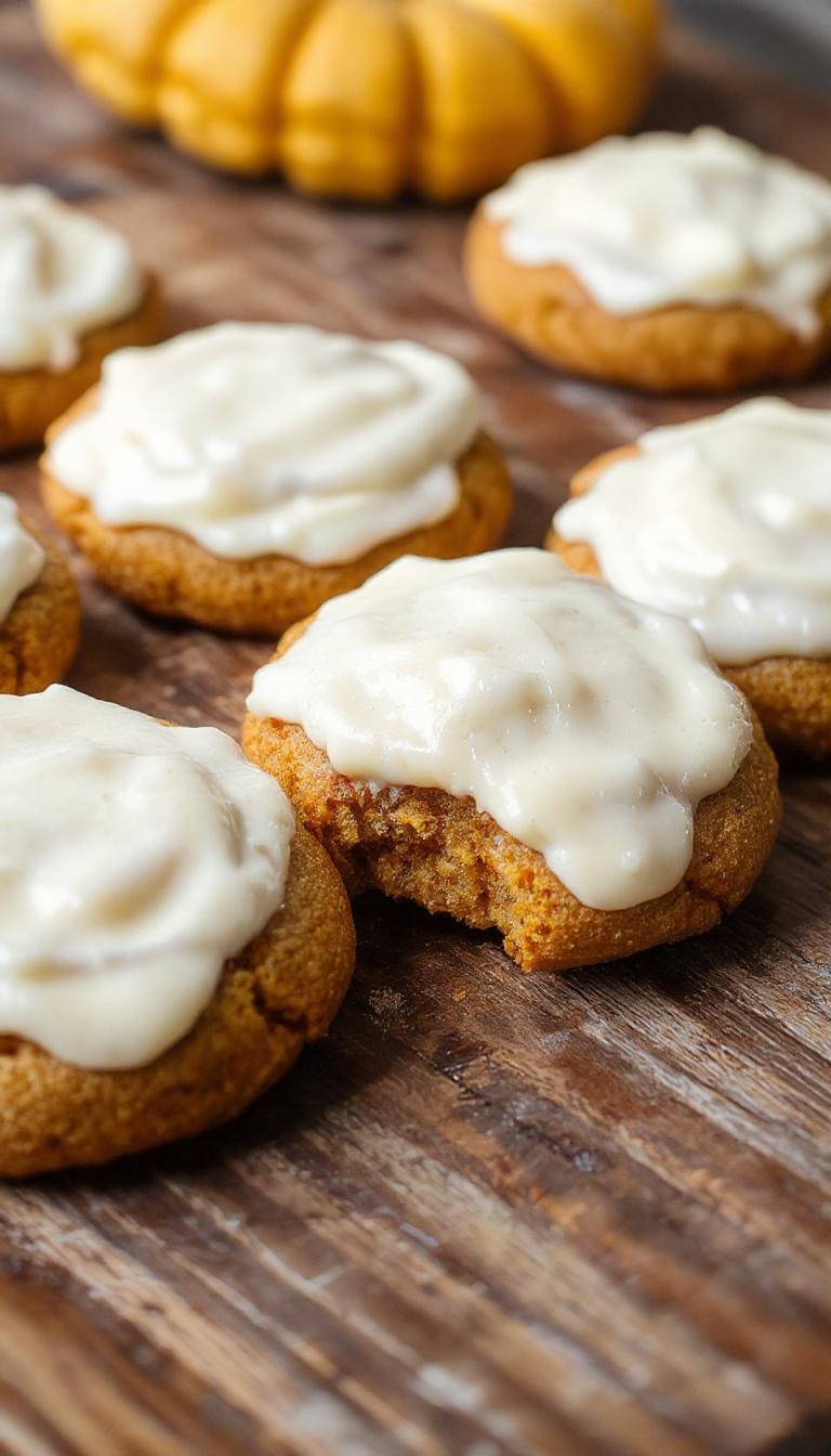 A plate of golden-brown pumpkin sugar cookies topped with smooth cream cheese frosting, decorated with a light dusting of cinnamon and small pumpkin-shaped decorations. The cookies are arranged on a rustic wooden surface with a few scattered cinnamon sticks and autumn leaves in the background, evoking a cozy fall atmosphere.
