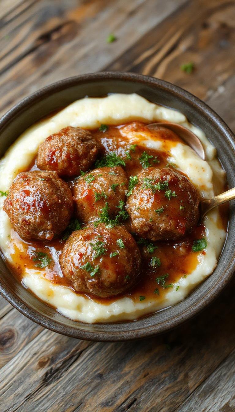 A close-up of a serving plate showcasing golden-brown Salisbury meatballs arranged atop a bed of creamy mashed potatoes. The meatballs are coated with a rich gravy and garnished with chopped herbs. The mashed potatoes appear smooth and velvety, with a slight sheen from butter, contrasting with the crispy exterior of the meatballs. The presentation is inviting, with a rustic yet polished look highlighting the comfort food appeal.