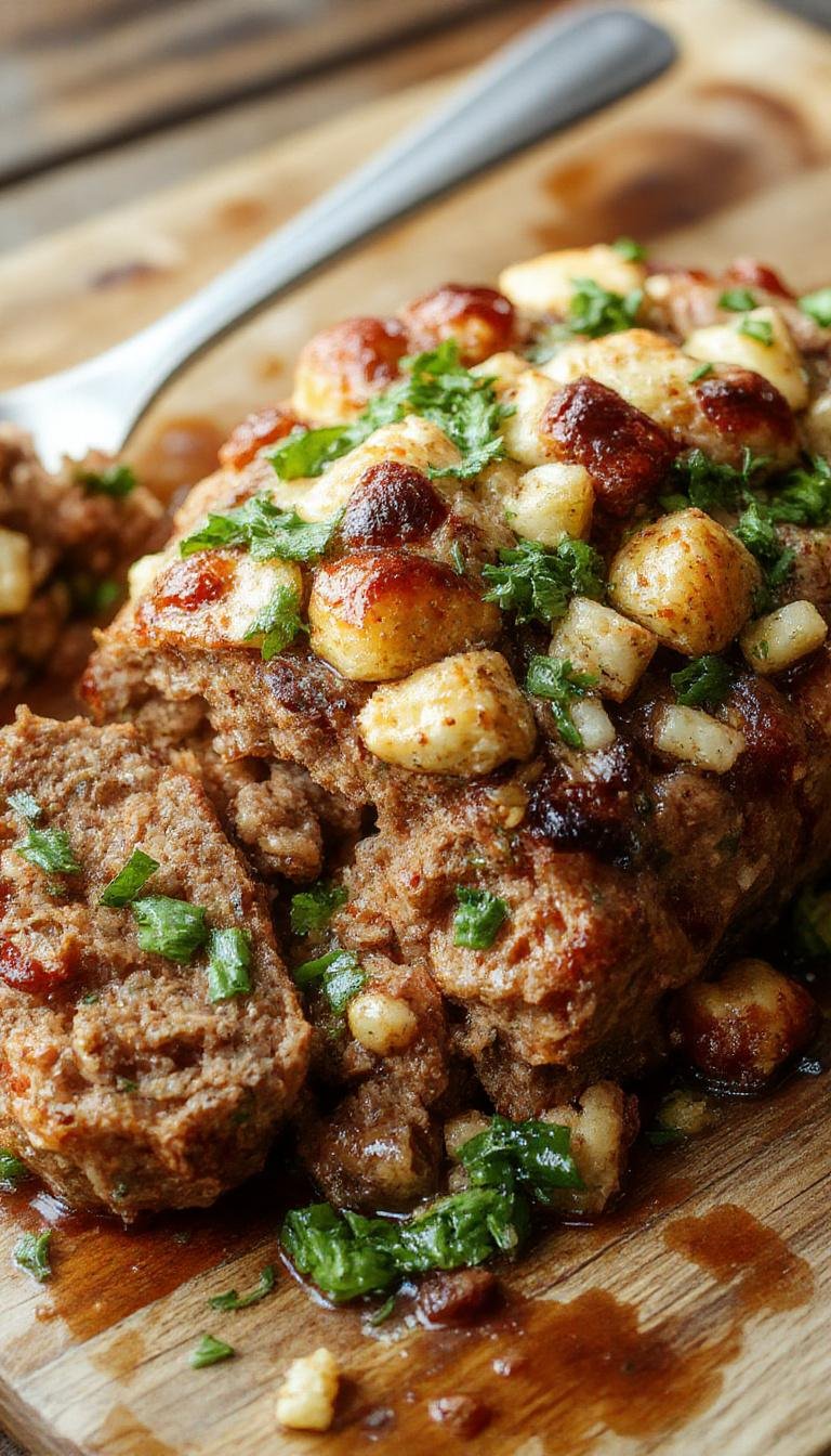 A hearty meatloaf glazed with a shiny, golden-brown sauce, sliced to reveal a moist interior studded with chunks of stove top stuffing, garnished with fresh herbs for a vibrant touch, served on a rustic white plate.