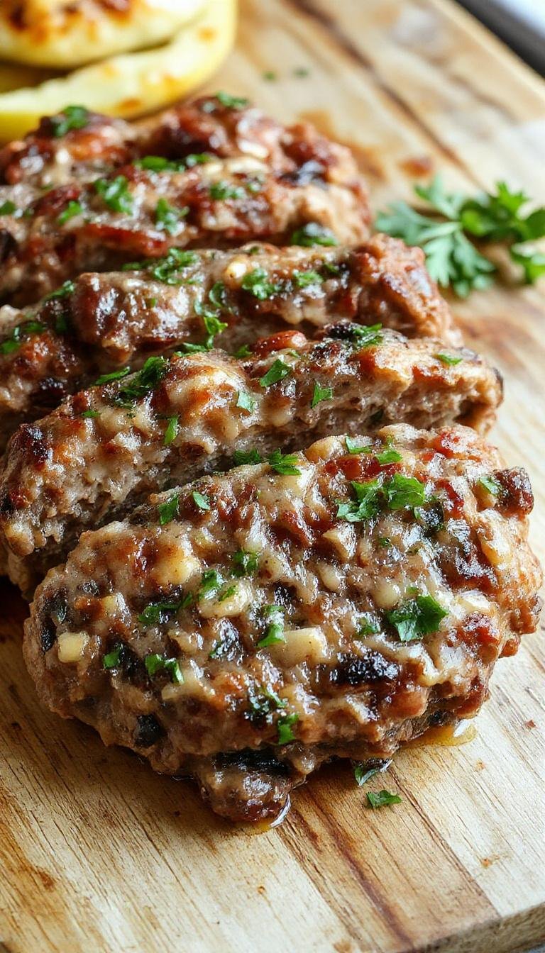 A golden-brown meatloaf glazed with a savory sauce, sliced to reveal melted Swiss cheese and tender mushroom bits inside, garnished with fresh herbs on a white plate.