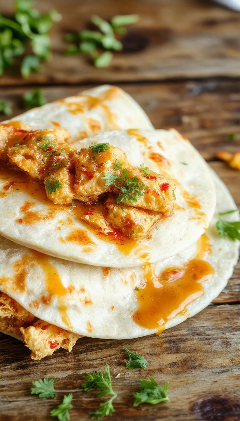A close-up of a vibrant, colorful chicken wrap filled with tender grilled chicken, crisp lettuce, shredded carrots, and crunchy peanuts, all wrapped in a soft tortilla with a drizzle of peanut sauce. The wrap is partially open, showcasing the fresh ingredients and bright colors, with a rustic wooden table background.