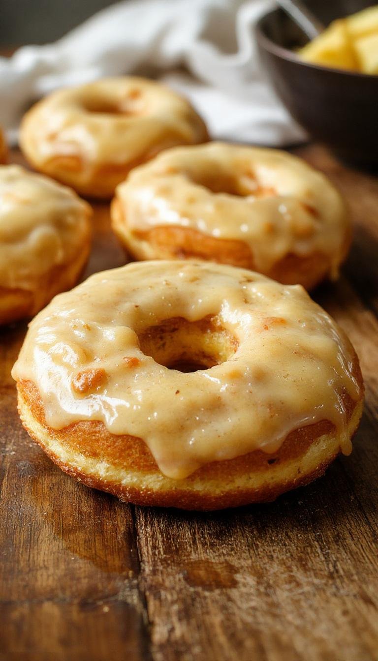 Golden-brown puff pastry doughnuts filled with sliced caramelized apples, topped with a light dusting of powdered sugar, presented on a rustic wooden plate with a scoop of apple slices on the side.