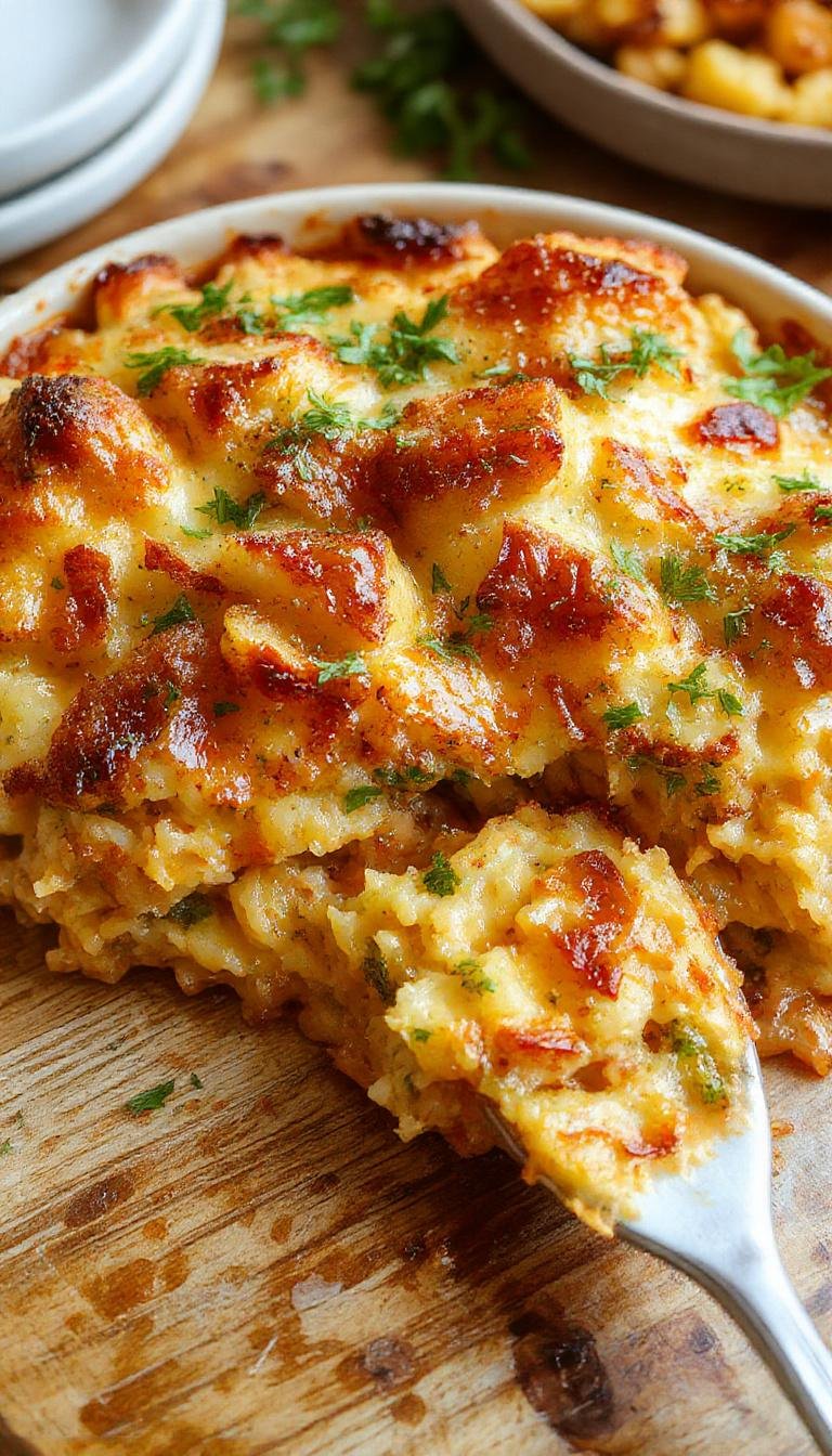 A hearty zucchini rice stuffing casserole in a rustic ceramic baking dish. The top is golden brown with crispy edges, melted cheese bubbling, and slices of zucchini and rice visible through a slightly crispy crust.