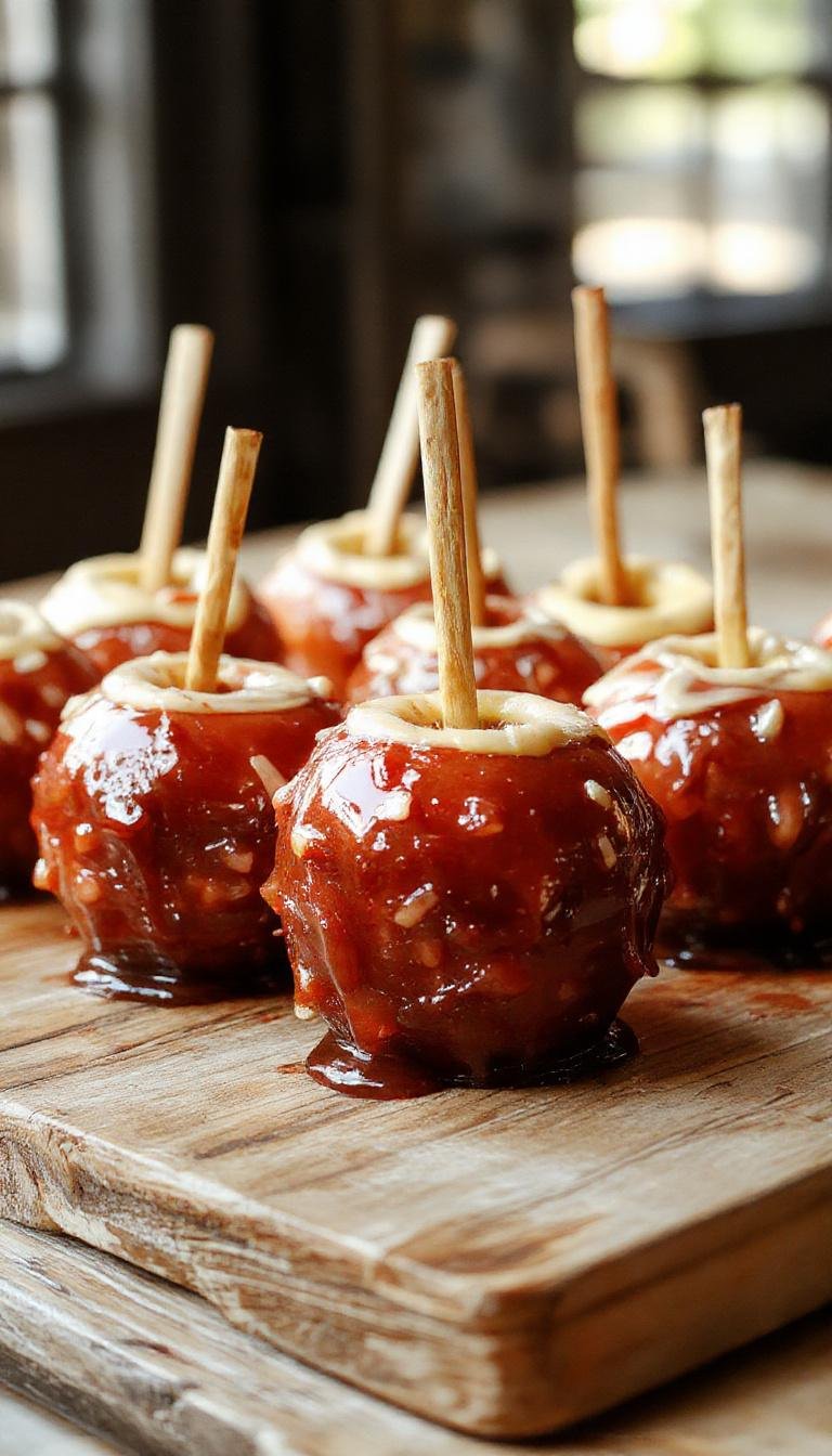 A close-up of a glossy red candied apple coated with a shiny caramel glaze, skewered on a wooden stick, resting on a dark wooden surface with scattered autumn leaves in the background, creating a mysterious and enchanting atmosphere.