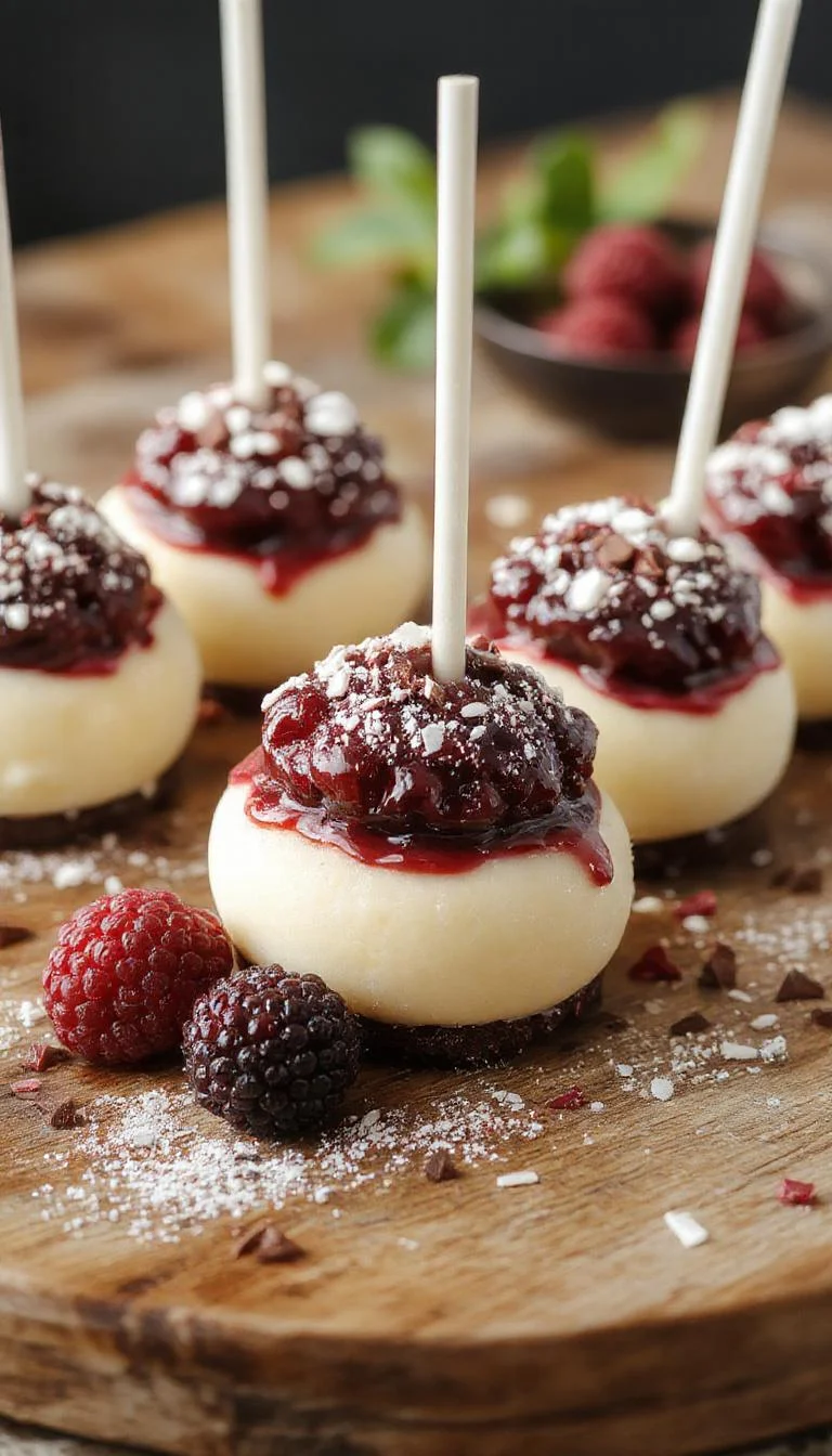 A close-up of enchanting blackberry cheesecake pops arranged on a rustic wooden platter. The pops are coated in a glossy dark chocolate shell with vibrant purple-black blackberry pieces embedded in the creamy white cheesecake center. They are garnished with a sprig of fresh mint and a drizzle of white chocolate, creating a striking contrast. The background features softly blurred forest elements, enhancing the magical forest theme.
