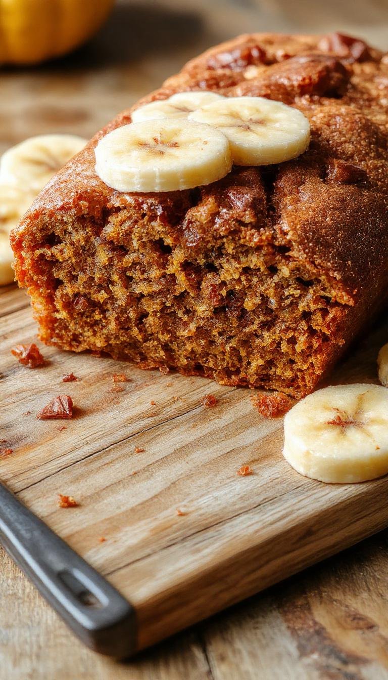 A slice of fall-spiced pumpkin banana bread with a golden-brown crust, topped with a sprinkle of cinnamon and a slice of banana. The bread is shown on a rustic wooden board with a cozy autumn backdrop, highlighting the moist interior and specks of pumpkin and banana.