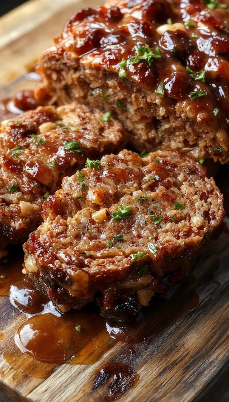 A perfectly sliced meatloaf sits on a white platter, topped with a glossy, caramel-colored glaze. The slices reveal a moist interior with visible herbs and minced meat, garnished with fresh parsley. The background features a rustic wooden table and a side of mashed potatoes and green beans, emphasizing a hearty family meal presentation.