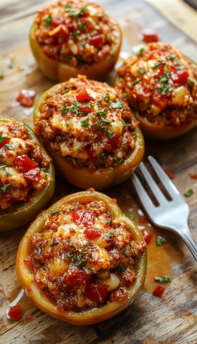 Colorful stuffed peppers on a rustic wooden platter, filled with a mixture of seasoned ground meat, rice, and vegetables, topped with melted cheese and garnished with fresh herbs