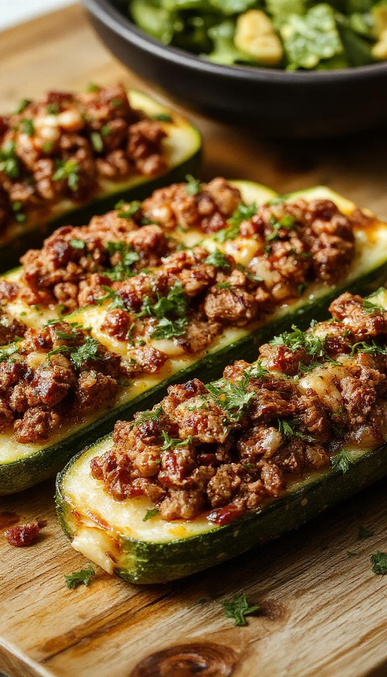 A close-up of vibrant zucchini boats filled with seasoned ground beef, topped with melted cheese and garnished with fresh herbs, presented on a rustic wooden plate.