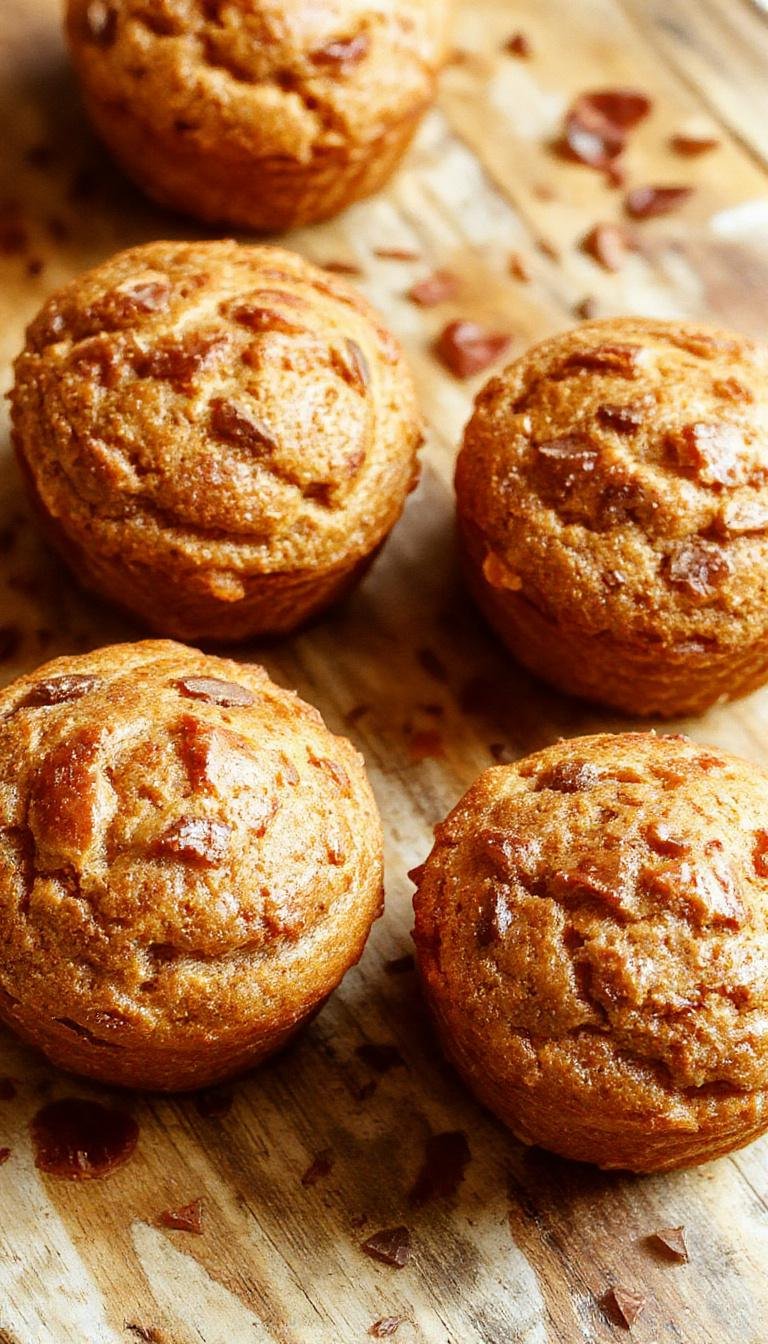 A batch of golden-brown pumpkin muffins with a slightly domed top, sitting on a rustic wooden surface. Some muffins have a light dusting of cinnamon and appear moist and fluffy with visible specks of pumpkin and spices. The muffins are arranged in an imperfect cluster, with a few cracked open to reveal the moist interior.
