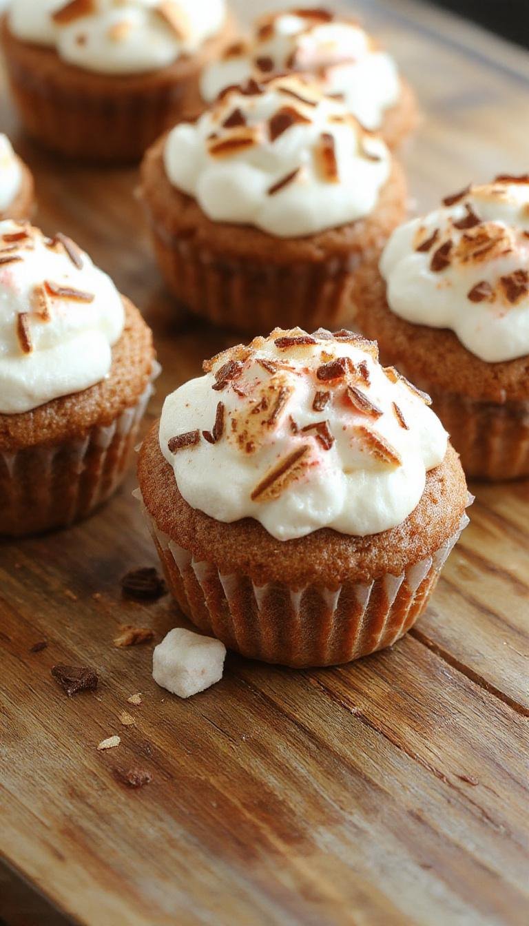 A close-up of fluffy marshmallow cupcakes topped with a swirl of white frosting and a toasted marshmallow on top, arranged on a white plate with colorful sprinkles scattered around, capturing the light golden-brown edges and the glossy marshmallow decoration.