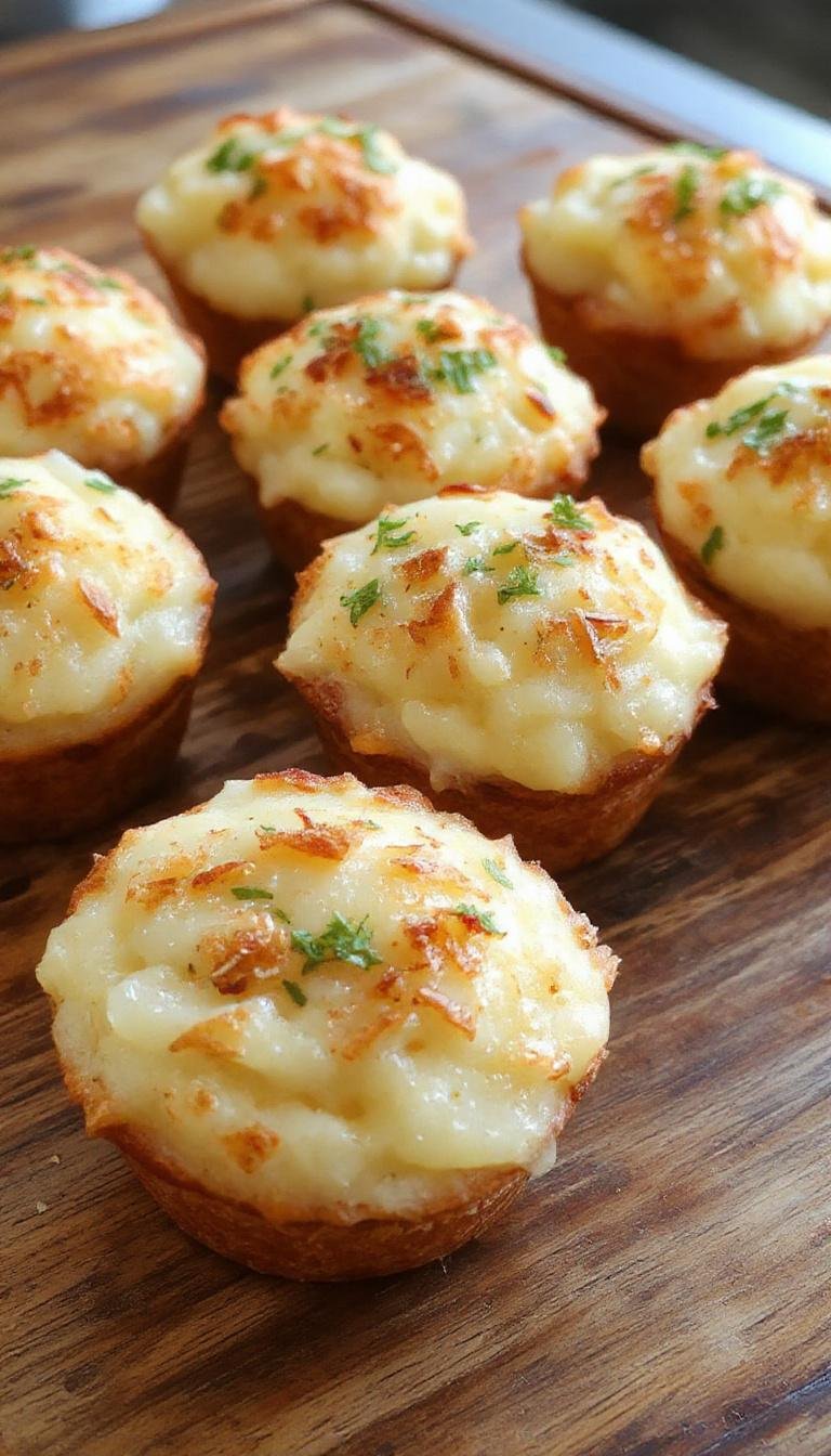 A close-up of golden-brown mashed potato muffins arranged on a white ceramic plate. The muffins have a slightly crispy exterior and soft, fluffy interior visible at the edges. Garnished with fresh herbs, they are paired with a small side of butter and a sprig of parsley. The background features a rustic wooden surface, emphasizing a warm, homey atmosphere.