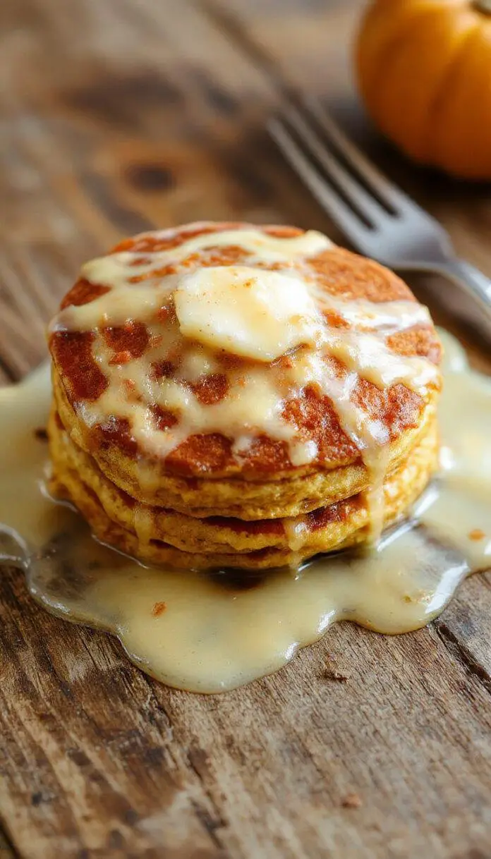 A stack of golden-brown fluffy pumpkin pancakes drizzled with syrup, topped with a dollop of whipped cream and sprinkled with cinnamon. The pancakes are presented on a rustic white plate with a background of autumn leaves and a small bowl of pumpkin puree.