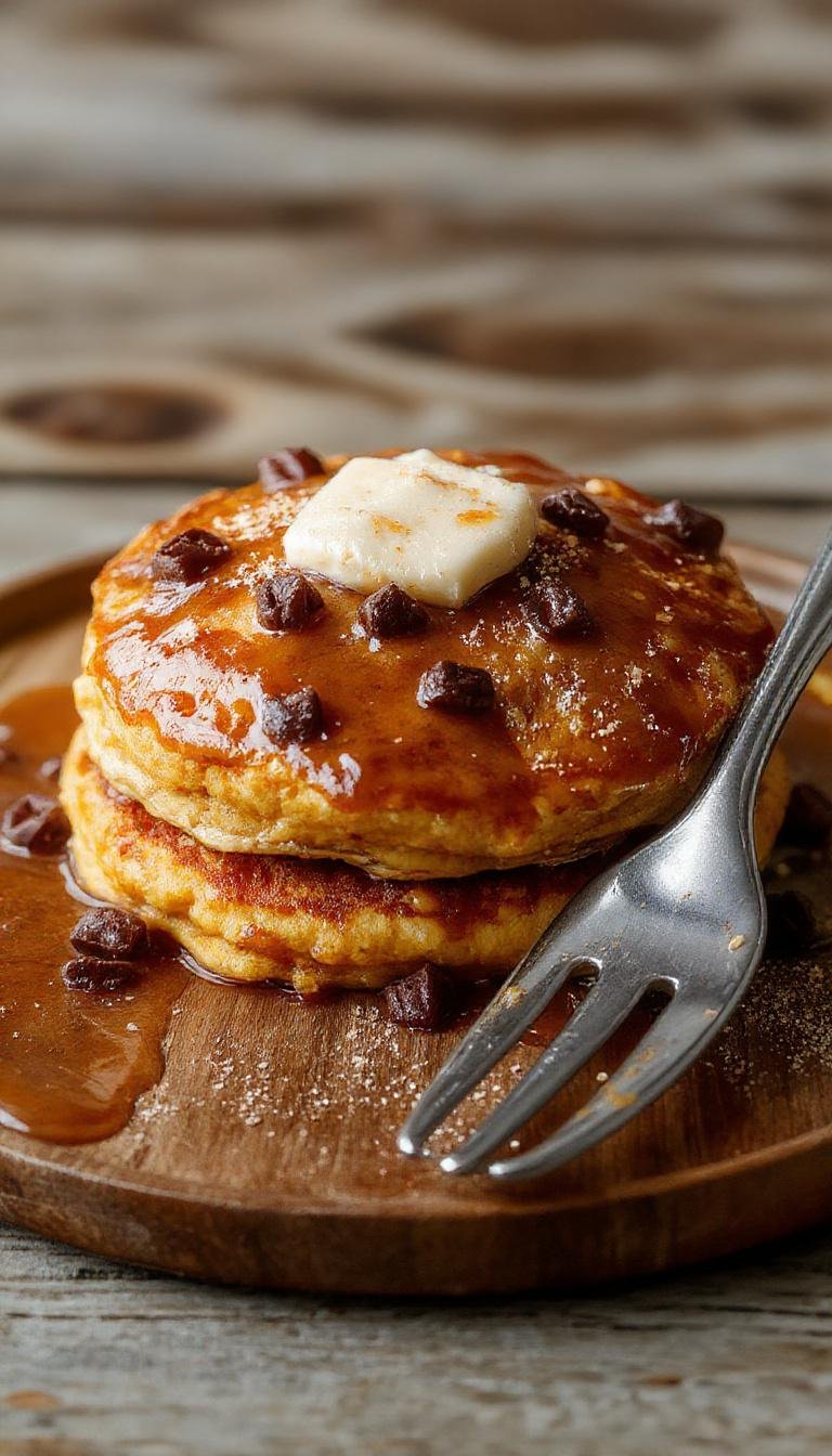 A stack of fluffy pumpkin pancakes topped with a dollop of whipped cream and a sprinkle of cinnamon, served on a rustic wooden plate with a drizzle of maple syrup, golden and moist with visible pumpkin flecks.