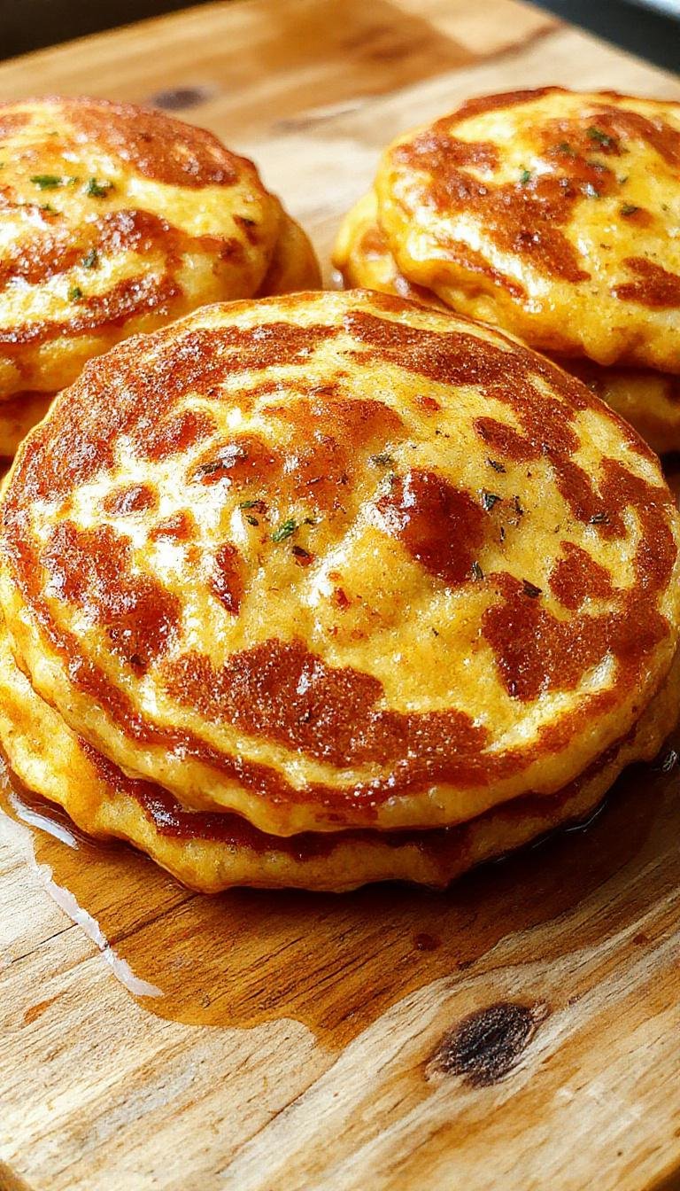 A stack of golden-brown pumpkin pancakes topped with a pat of melting butter and a drizzle of maple syrup, garnished with a sprinkle of cinnamon and chopped walnuts, served on a rustic wooden plate with a side of fresh orange slices.