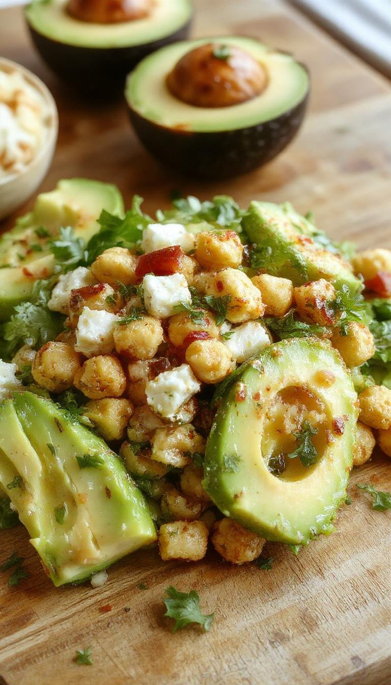 A vibrant bowl of chickpea feta avocado salad featuring creamy avocado slices, crispy chickpeas, and crumbly feta cheese, garnished with fresh herbs. The ingredients are beautifully arranged, showcasing the contrasting textures and colors of green, white, and golden brown, with a drizzle of olive oil glistening on top.