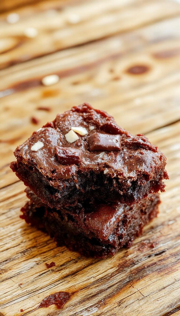 A square of fudgy, dense brownie with a cracked glossy top, presented on a rustic wooden plate. The brownie has a rich, chocolate color with a slightly crumbly edge, and you can see a soft, moist interior from a clean cut.