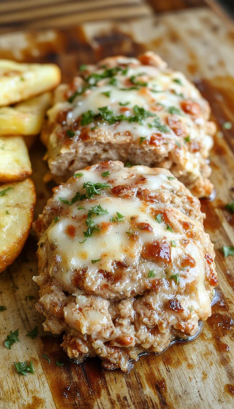 A sliced Garlic Parmesan Chicken Meatloaf on a white plate, showcasing a moist, golden-brown crust with visible garlic and parmesan bits, topped with fresh herbs. The interior reveals tender, flaky chicken with a creamy texture, served alongside a colorful medley of roasted vegetables.