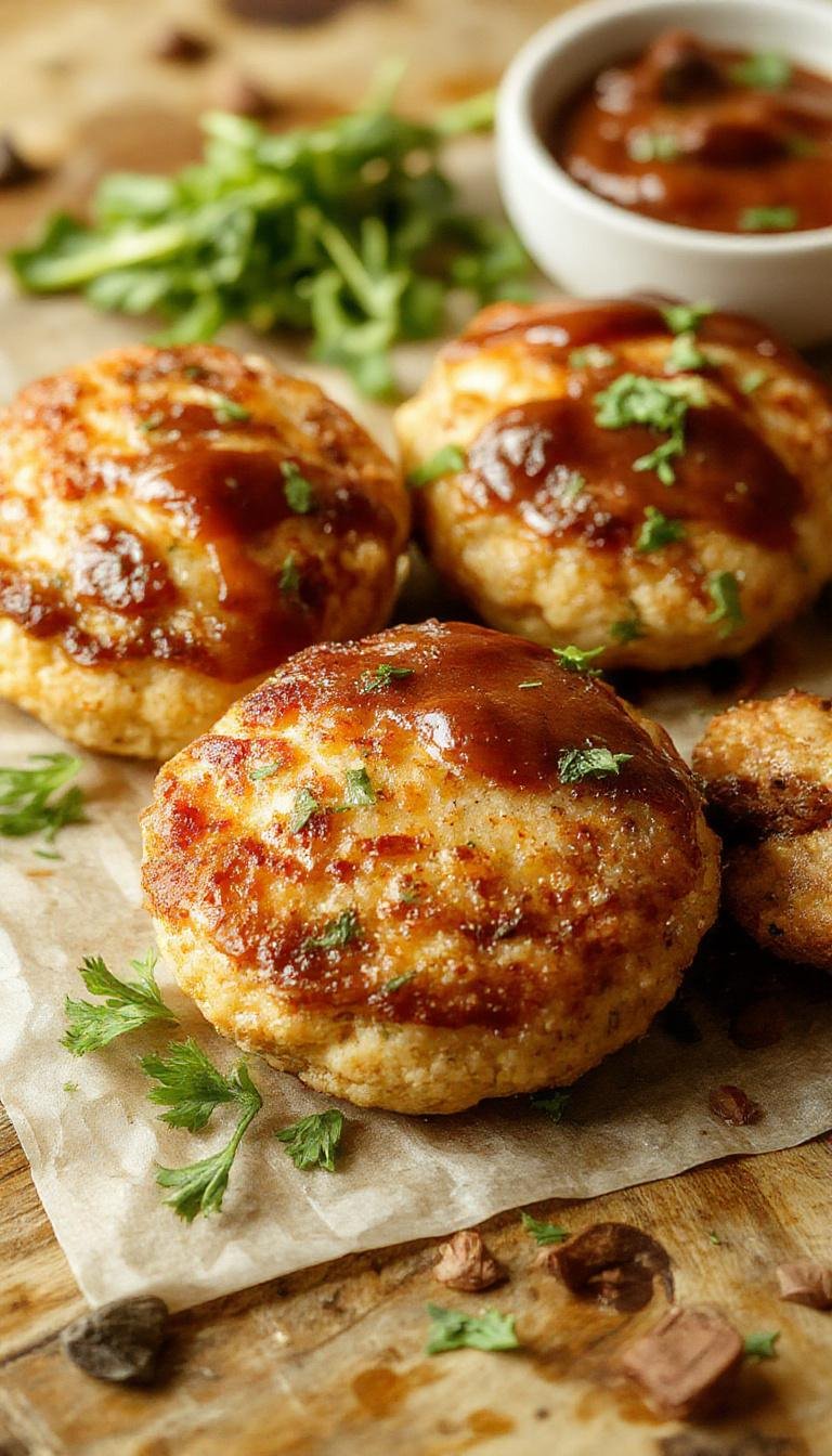 Close-up of golden-brown chicken patties in an air fryer basket, crispy exterior with visible herbs and spices, garnished with fresh greens on a white plate