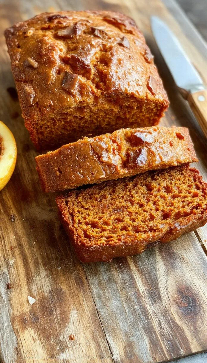A slice of moist, golden-brown protein pumpkin bread on a rustic wooden plate, topped with a light dusting of powdered sugar. In the background, a whole loaf with a slightly cracked crust reveals its tender, pumpkin-infused crumb, garnished with a sprig of cinnamon sticks and a few pumpkin seeds for decoration.