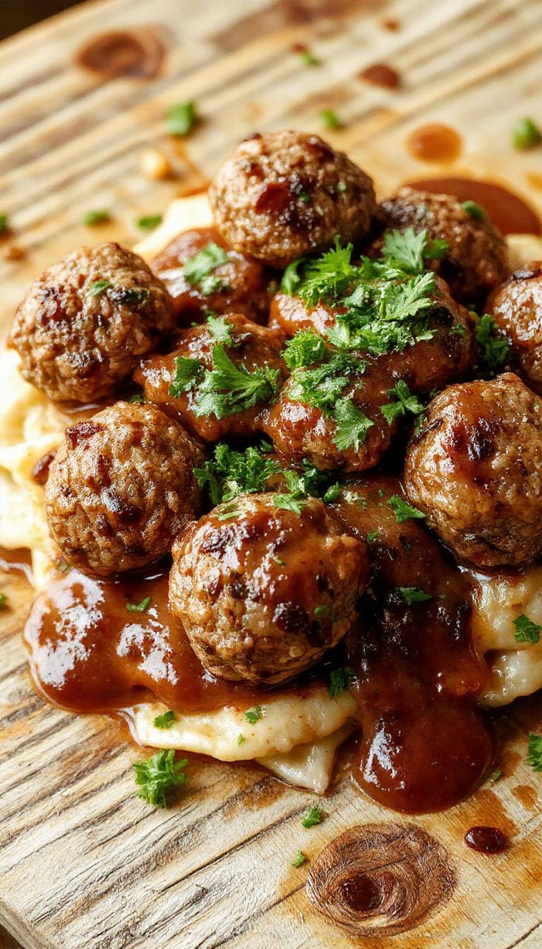 A plate of vibrant brown mushroom meatballs garnished with fresh herbs, arranged neatly on a white serving dish. The meatballs have a slightly crispy exterior, with visible flecks of herbs and spices, and are accompanied by a side of green steamed vegetables. The presentation is clean and inviting, with a rustic wooden table background and soft natural lighting highlighting the textures and colors.